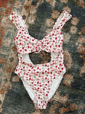Xhilaration White One-Piece Swimsuit with Pink Rose Print